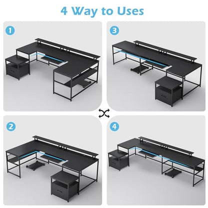 SEDETA 101.5''Reversible L Shaped Desk with Drawer for Home,Black | U Shaped Desk Office with Power Outlet,Computer with Monitor Shelf,Two Person Desk with Keyboard Tray