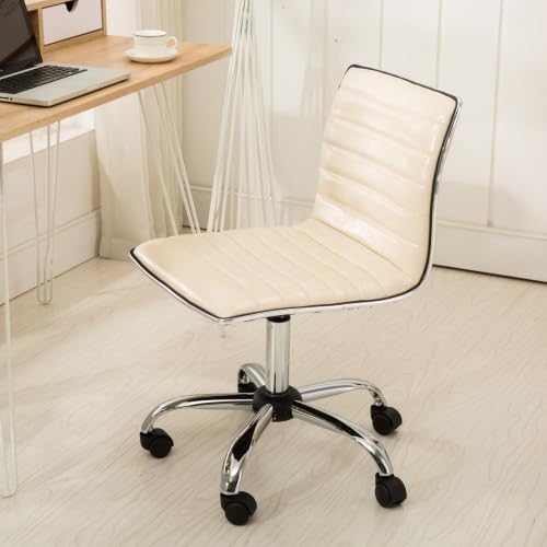 Small Armless Swivel Vanity Office Desk Chair with Wheels for Bedroom Study | Adjustable Task Chairs with Faux Leather Fabric & Padded Seat, Modern Adjustable Height Work Chairs for Home Office, Beige - color: Beige