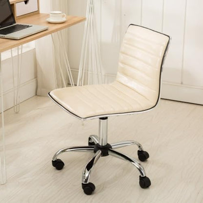 Small Armless Swivel Vanity Office Desk Chair with Wheels for Bedroom Study | Adjustable Task Chairs with Faux Leather Fabric & Padded Seat, Modern Adjustable Height Work Chairs for Home Office, Beige - color: Beige