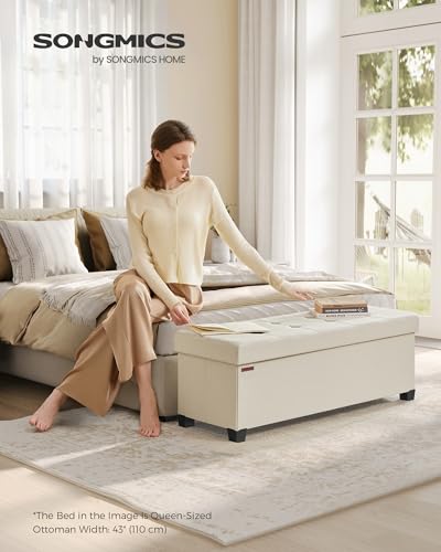 SONGMICS Storage Ottoman Bench, Foldable Foot Rest with Legs | End of Bed Bench, Storage Chest, 43.3 x 15 x 15.8 Inches, Load up to 661.4 lb, Cream, MELISA Collection ULSF018W01 - color: Cream White, style: without Flipping Lid