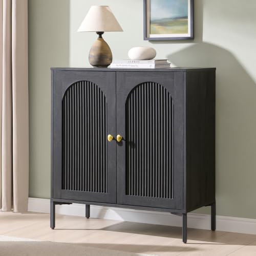 IFBUY 30.88" W Mid Century Modern TV Stands for Living Room, Dark Grey | Wood Entertainment Center w/Adjustable Shelves, Media Console w/Arched Fluted Doors, Entryway Cabinet Fits 65, 70, 75 Inch TV - color: Grey, size: 15.75"D x 30.88"W x 34"H