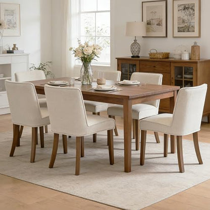 Upholstered Parsons Chair Set of 2, Linen Fabric Solid White Dining Chairs with Walnut Wood Leg Cushioned Back Modern Rustic Side Chairs for Living Room/Kitchen/Dining/Restaurant - color: Linen- White, size: 2 Chairs