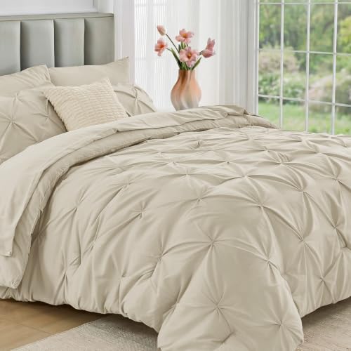 JOLLYVOGUE Twin Comforter Set 5 Pieces - Bed in a Bag Twin for All Season, Pintuck Bedding Comforter Sets with Comforter, Flat Sheet, Fitted Sheet and Pillowcases & Shams, Linen - color: Linen, size: Twin