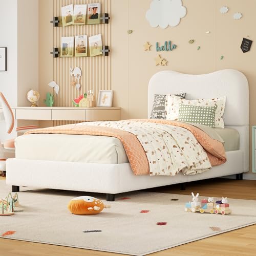 GarveeHome Twin Bed Frame for Kids with Upholstered Boucle Fabric, White | Upholstered Headboard, Low Profile, Sturdy Platform Bed for Girls and Boys, Wooden Slats, Noise Free, No Box Spring Needed - color: White, size: Twin
