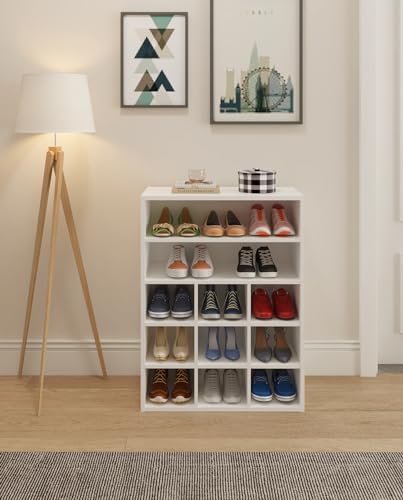 HAIOOU Shoe Cubby, 9-Cube Stackable Wood Shoe Rack Organizer 24 Inch, White | 5-Tier Freestanding Shoe Stand with 2 Storage Shelf, Holds 10-15 Pairs, Ideal for Apartment, Entryway, Closet Organization