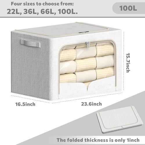 FHSQX 3 Pack Clothes Storage Bins with Metal Frame | Cream White, 23.6x16.5x15.7inch,Foldable, Stackable Linen Fabric, Carrying Handles, Clear Window - color: Cream White, size: 23.6x16.5x15.7inch(100L)