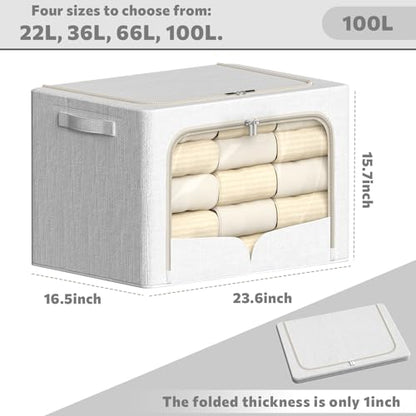 FHSQX 3 Pack Clothes Storage Bins with Metal Frame | Cream White, 23.6x16.5x15.7inch,Foldable, Stackable Linen Fabric, Carrying Handles, Clear Window - color: Cream White, size: 23.6x16.5x15.7inch(100L)