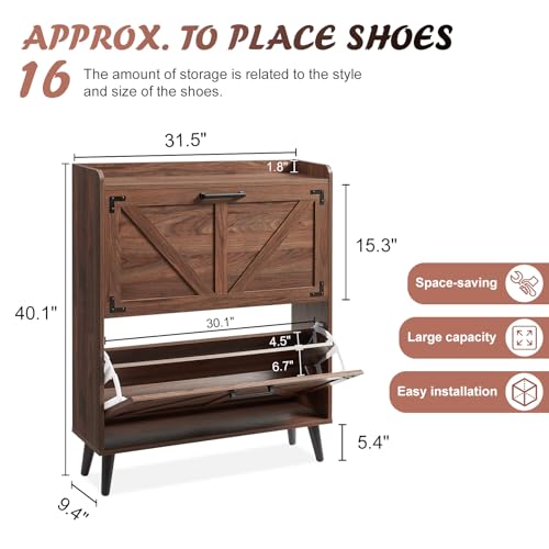 Barnyatoh Shoe Storage Cabinet with 2 Flip Drawers,Hidden Shoe Organizer | Farmhouse Freestanding Narrow Slim Shoes Rack Cabinet with Adjustable Shelves for Entryway Hallway,Walnut - color: Walnut