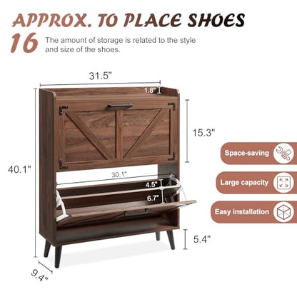 Barnyatoh Shoe Storage Cabinet with 2 Flip Drawers,Hidden Shoe Organizer | Farmhouse Freestanding Narrow Slim Shoes Rack Cabinet with Adjustable Shelves for Entryway Hallway,Walnut - color: Walnut