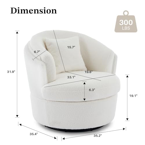 Boucle Swivel Accent Chair, Widened Round Barrel Chair with Pillow | Wide Padded Seat, Upholstered Boucle, Silent 360° Swivel Barrel Armchair for Living Room Bedroom Reading Nook, White - color: White