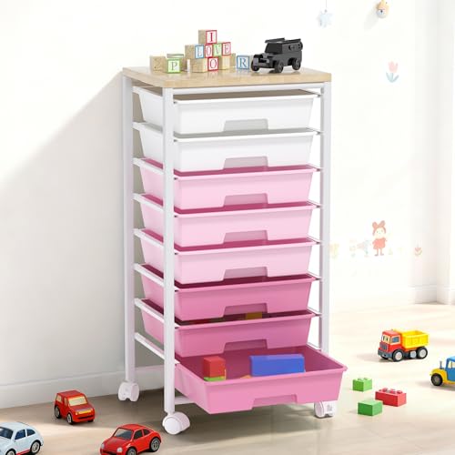 Rolling Cart with 8 Drawers, Storage Drawers Cart with Wooden Tabletop and Lockable Wheels, Craft Storage for Living Room, Office, Classroom, Craft Room, Bedroom - color: Pink