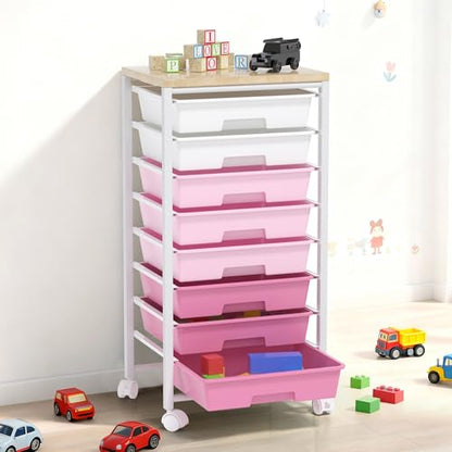 Rolling Cart with 8 Drawers, Storage Drawers Cart with Wooden Tabletop and Lockable Wheels, Craft Storage for Living Room, Office, Classroom, Craft Room, Bedroom - color: Pink