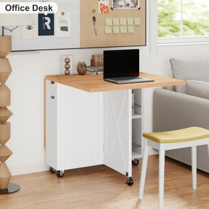 52.7" Folding Dining Table for 2-6, Easy Assembly, Oak+White | Folding Dining Table with 6 Wheels, Drop Leaf Table with Drawers, Shelves and Wine Rack for Small Spaces - color: Light Brown