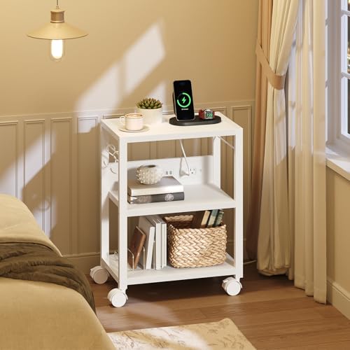 MAHANCRIS Industrial Printer Cart, 3-Tier Mobile Printer Stand, Rolling Cart with 2 AC Outlets and 2 USB Ports, Home Printer Stand with 2 Hooks, for Office, Living Room, White PTWT40E01 - color: White