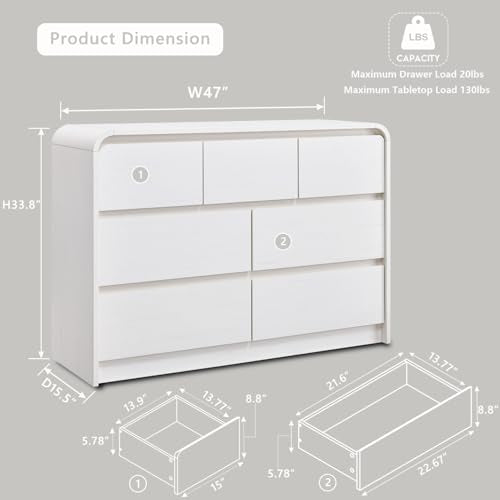 Aitjunz Modern 7 Drawers Dresser for Bedroom, 47" Wide Wood Dressers & Chests of Drawers w/Curved Profile Design, Mid Century Modern Dresser w/Natural Texture for Bedroom, Living Room,Antique White - color: White, size: 15.5"D x 47.2"W x 33.9"H (7 Drawers