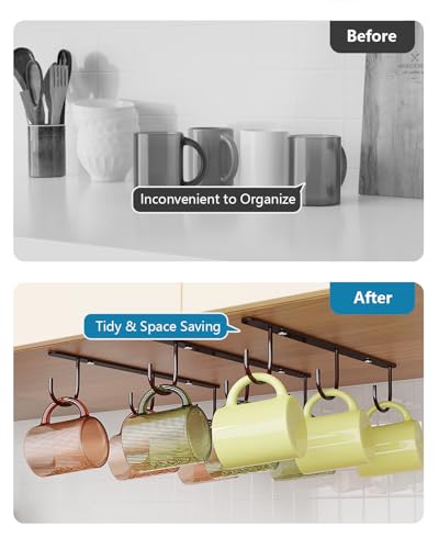 3 Pack Mug Hooks Under Cabinet with 9 Hooks for Displaying Mugs, Brown | Coffee Mug Holder for Hanging Under Shelf, Cup Hanger, Coffee Cups and Kitchen Utensils - color: Brown