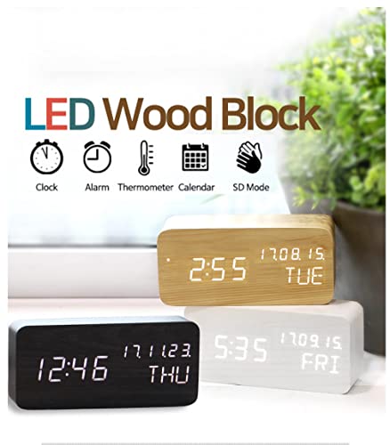 Wood Digital Alarm Clock Desk Time, Date(MM/DD/YY), Day of The Week, Temperature, Nightlight Large LED Display Portable Lamp Bedroom, Office, School, Home, Livingroom, Room (Bamboo) - color: Bamboo