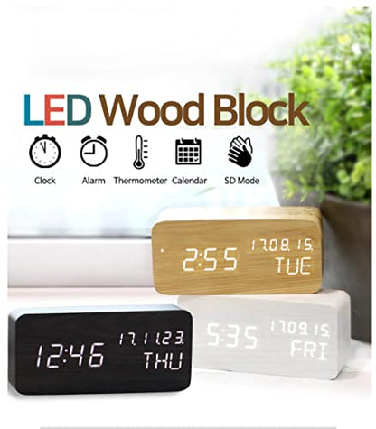 Wood Digital Alarm Clock Desk Time, Date(MM/DD/YY), Day of The Week, Temperature, Nightlight Large LED Display Portable Lamp Bedroom, Office, School, Home, Livingroom, Room (Bamboo) - color: Bamboo