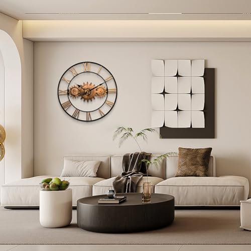 Mid Century Wall Clock for Living Room Decor Gold Modern Metal Large Silent Kitchen Big Wall Clock Art for Bedroom Decorative Office Non Ticking Battery Operated Wall Watch 24 Inch - color: Gold Roman Numerals
