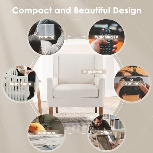 COLAMY Modern Wingback Living Room Chair, Upholstered Fabric Accent Armchair, Single Sofa Chair with Lounge Seat and Wood Legs for Office/Bedroom/Reading Spaces, Beige - color: Beige, size: Set of 1