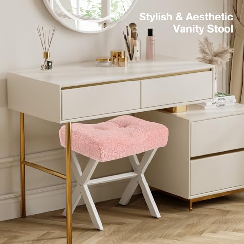 18-Inch Vanity Stool Chair, Pink Padded Saddle Makeup Stool | Teddy Flannel Vanity Bench, Metal X-Leg, 300 LBS, 16.3"x12.4"x18", Ottoman Accent Stool, Breathable Soft Saddle Seat - size: Small, style: Pink Fabric