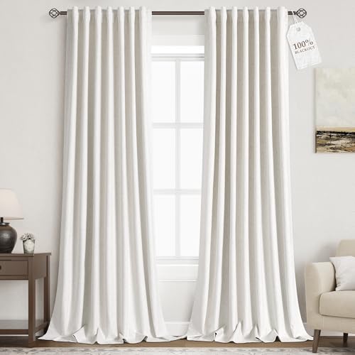 100% Blackout Linen 90 Inch Curtains for Bedroom Back Tab Cream Light Blocking Black Out Curtain for Living Room Thermal Insulated Neutral Boho Farmhouse Decor Ivory Natural Drapes 52x90, 2 Panels - color: Natural, size: 52"W x 90"L (Pack of 2)