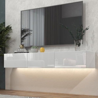 Floating TV Stand with LED for TVs up to 70", High Gloss Wall Mounted Entertainment Center for Living Room, White Modern Wood Media Console for Bedroom - size: 63"W x 14"D x 10"H