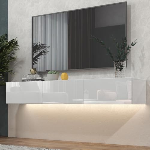 Floating TV Stand with LED for TVs up to 70", High Gloss Wall Mounted Entertainment Center for Living Room, White Modern Wood Media Console for Bedroom - size: 63"W x 14"D x 10"H