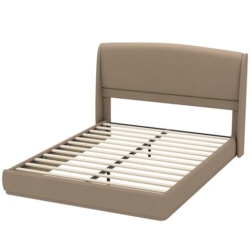 RuiSiSi Queen Size Upholstered Bed with Wingback Headboard, Low Profile Linen Fabric Platform Bed Frame, Strong Wood Slats, No Box Spring Needed, Easy Assembly, Brown - color: Brown