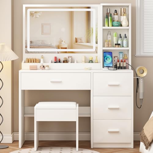 OTOQS Vanity Desk with Mirror and Lights,4 Drawers & Bench Vanity Desk Set | 3 Color Lighting Modes Adjustable Brightness Vanity for Bedroom Makeup Table - size: 15.5"D x 36.6"W x 53.7"H