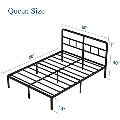 DiaOutro 14 Inch Queen Bed Frame with Headboard Metal Platform, Black | Heavy Duty Bed For Kids Adults, Steel Slat Supports No Box Spring Needed, Easy Assembly, Noise Free - size: Queen, style: 14 Inch