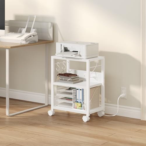 MAHANCRIS Industrial Printer Cart, 3-Tier Mobile Printer Stand, Rolling Cart with 2 AC Outlets and 2 USB Ports, Home Printer Stand with 2 Hooks, for Office, Living Room, White PTWT40E01 - color: White