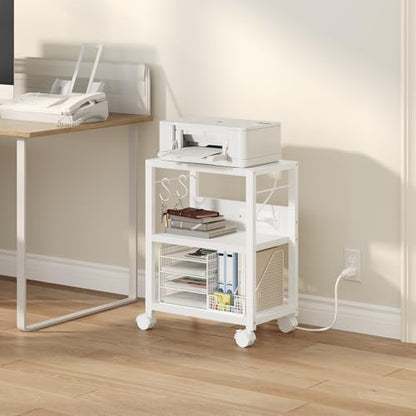 MAHANCRIS Industrial Printer Cart, 3-Tier Mobile Printer Stand, Rolling Cart with 2 AC Outlets and 2 USB Ports, Home Printer Stand with 2 Hooks, for Office, Living Room, White PTWT40E01 - color: White