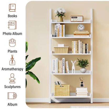 CozyDH Wooden Ladder Shelf, White Ladder Bookshelf Narrow 5-Tier,Ladder Shelf Bookcase Storage for Living Room, Bedroom, Home Office,23.6''Dx15.7''Wx55.1''H - color: White