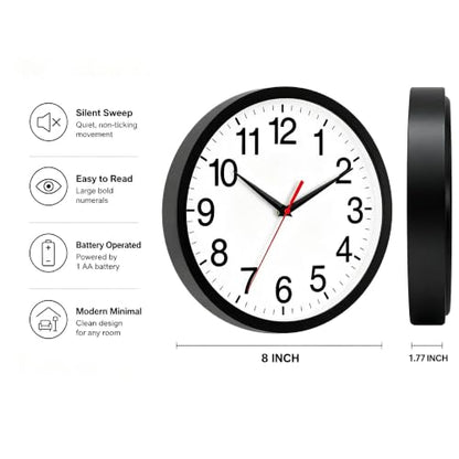 Wall Clock Analog 8 Inch Black Battery Operated Silent Clock | Easy To Read, Non Ticking, Round, Accurate, Kitchen, Living Room, Classroom, Office, School - color: A_black, size: 8 Inch