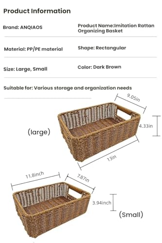 Plastic Storage Baskets for Shelves and Cabinets, Wicker Storage Baskets for Shelves, Pantry Baskets Organization and Storage, Water-Resistant and Durable(Set of 2, Brown)