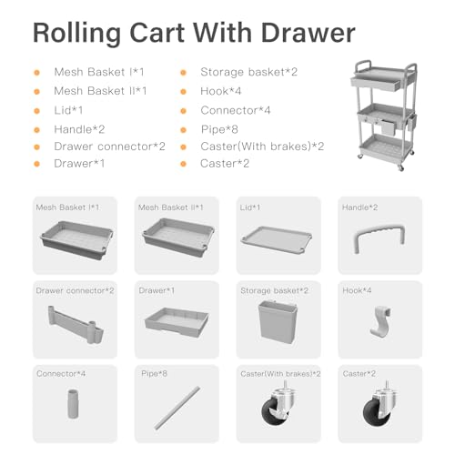 3 Tier Rolling Utility Cart with Drawer,REBECAT Utility Cart Made of Multifunctional Storage Organizer Tool for Kitchen,Bathroom,Living Room,Office(Gray) - color: Gery