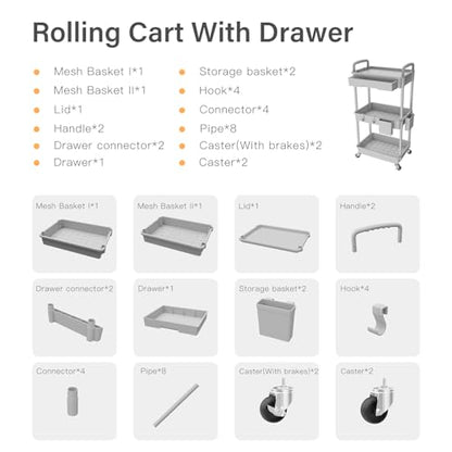 3 Tier Rolling Utility Cart with Drawer,REBECAT Utility Cart Made of Multifunctional Storage Organizer Tool for Kitchen,Bathroom,Living Room,Office(Gray) - color: Gery