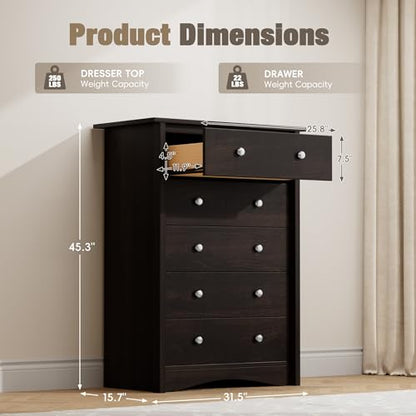 Furmax Tall Dresser for Bedroom, 5 Drawer Dresser, Chest of Drawers, Organizer Drawers, for Hallway Entryway (Brown) - color: Brown