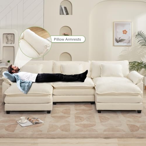 120" Modular Sectional Sofa, Comfy Deep Cloud Couch with Ottoman | U-Shaped Couches for Living Room, Modular Couch, Deep and Wide Seat, Chenille Sofa Sleeper with Throw Pillows, Beige White - color: Beige White, size: 120 Inch U