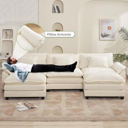 120" Modular Sectional Sofa, Comfy Deep Cloud Couch with Ottoman | U-Shaped Couches for Living Room, Modular Couch, Deep and Wide Seat, Chenille Sofa Sleeper with Throw Pillows, Beige White - color: Beige White, size: 120 Inch U