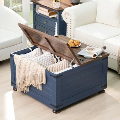 Joaxswe Farmhouse Coffee Table with Hidden Storage, 59 Gallon Square Center Table for Living Room, Rustic Wood Cocktail Tables with Flip-Top Lids, Farm House Tables with Wooden Gourd Feet, Navy Blue - color: Blue, style: With Round Legs