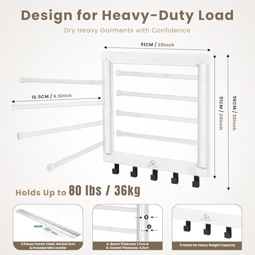Bamboo Wall Mount Drying Rack for Laundry White | Wall-mount bamboo rack with 8 swivel arms holds 80 lb; folds to 1.7 in deep. Ships assembled with 5 steel hooks.