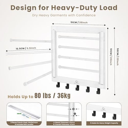 Bamboo Wall Mount Drying Rack for Laundry White | Wall-mount bamboo rack with 8 swivel arms holds 80 lb; folds to 1.7 in deep. Ships assembled with 5 steel hooks.