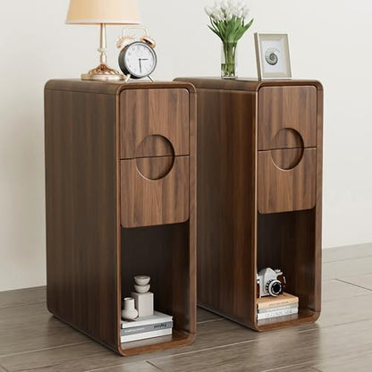 Narrow Walnut Nightstand Set of 2, Small Bedside Table with Circular Drawer, Mid Century Modern Night Stand, Slim Side End Table, Bedroom, Living Room, Wood, Skinny