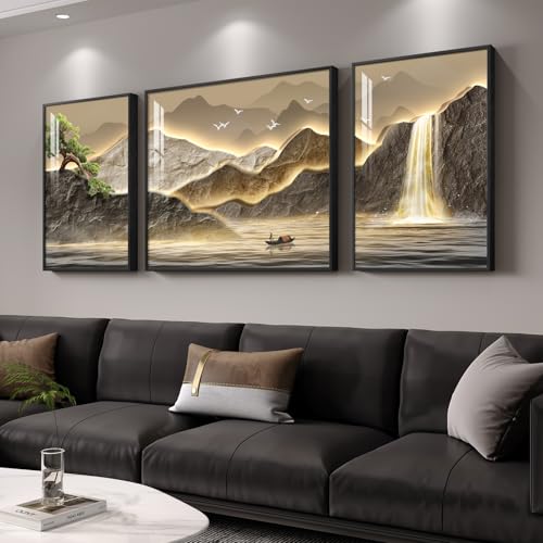 Framed Mountain Wall Art for Living Room, 3 Piece Brown Landscape Painting Prints, Modern Luxury Bright Style Pine Tree Waterfall Artwork for Dining Room,Hallway Office Wall Decor - color: Brown, size: 32" W x 24" H x 1 Pcs + 16" W x 24" H x 2 Pcs