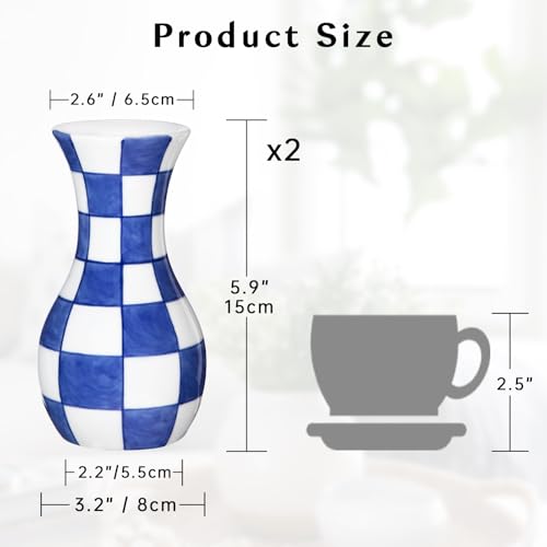 Set of 2 Small Blue and White Ceramic Vase, 6" Bud Checkered Flower Vase | Hand-Painted Checkered Plain, Triple-Fired Glazed Ceramic, Retro Chinoiserie Decor for Living Room Bookshelf Side Table - color: # 2 Pcs Plain Texture