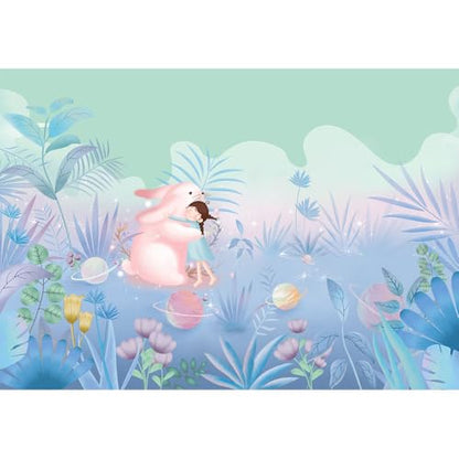 ASJ Kids Nursery Peel and Stick Wallpaper Mural, Girl Bunny Planet Pink | Seamless edge-to-edge match. Space botanical dreamy artwork, 98x62 in, premium fabric, girls bedroom playroom. - color: Soft Pink, size: 98" x 62"