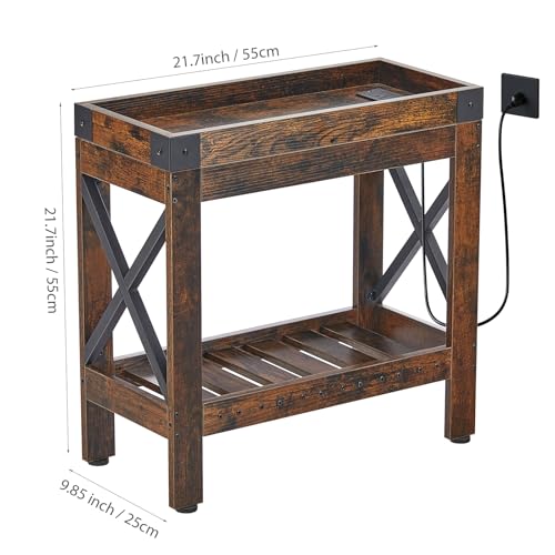 Narrow End Table with Charging Station, Rustic Brown Side Table with 2 USB Ports & Power Outlets, Slim Industrial Nightstand for Small Spaces, Living Room Sofa & Bedroom - color: Rustic Brown, style: With Outlets