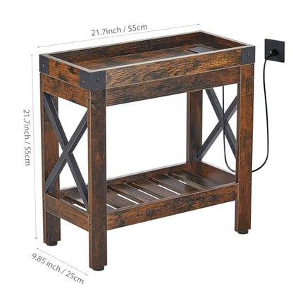 Narrow End Table with Charging Station, Rustic Brown Side Table with 2 USB Ports & Power Outlets, Slim Industrial Nightstand for Small Spaces, Living Room Sofa & Bedroom - color: Rustic Brown, style: With Outlets
